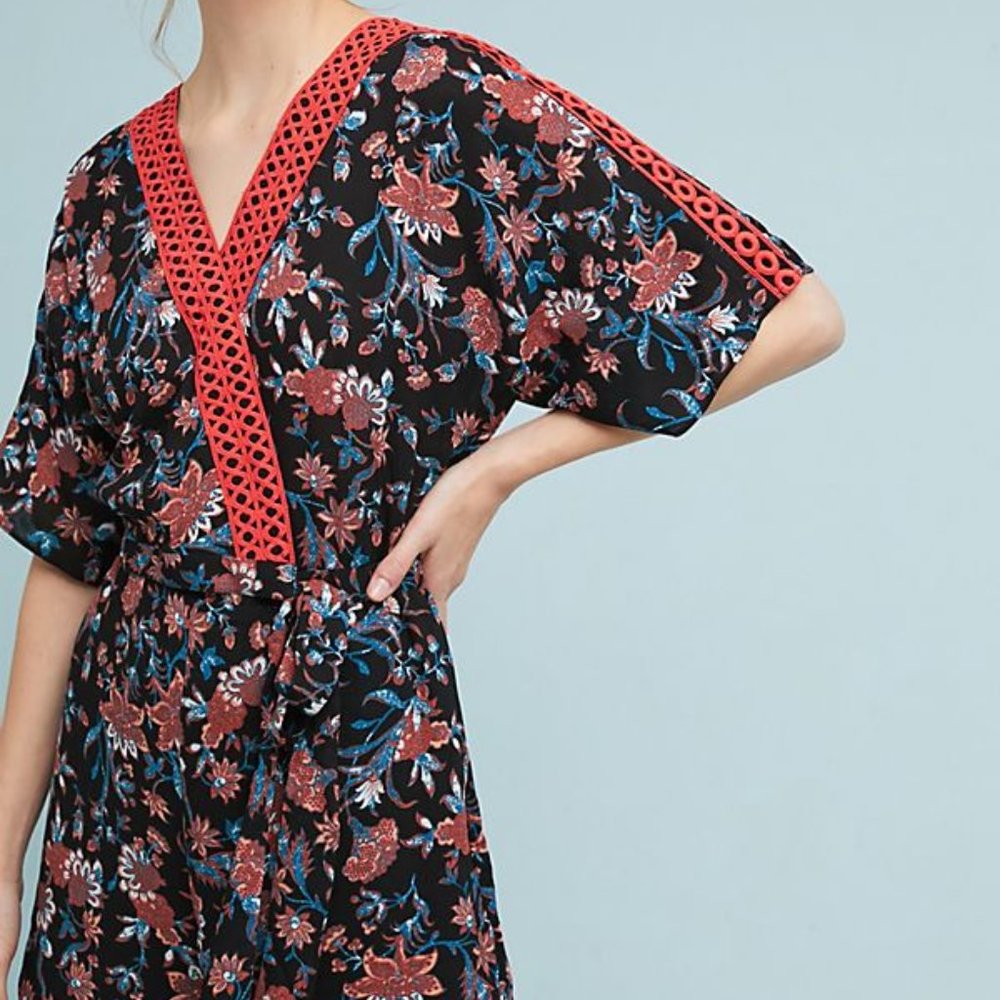 Anthropologie Feather Bone Floral Black Cypress Wrap Romper, S
